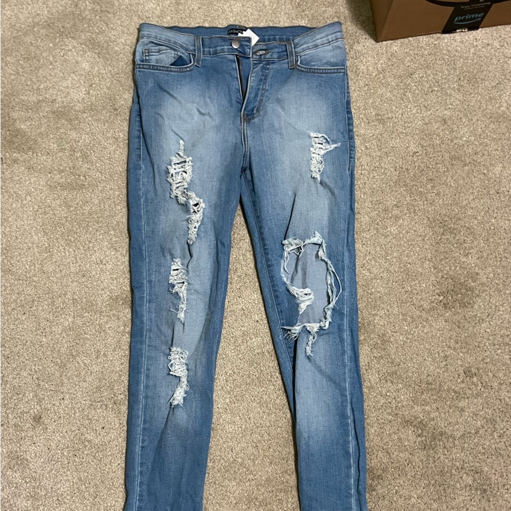 Fashion Nova Blue Distressed Skinny Jeans